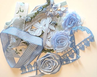 Pale blue embellishment pack, journaling, crazy quilting, scrapbooking, millinery (#120)