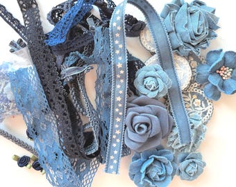 Denim blue embellishment pack, journaling, crazy quilting, scrapbooking, millinery (#132)
