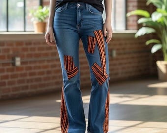 Bright Orange Geometric Retro Upcycled Bellbottom Jeans with Vintage Fabric Size 8