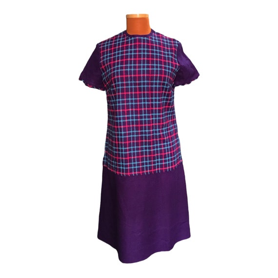 Purple Plaid Short Sleeve Vintage Dress, Misses S… - image 1