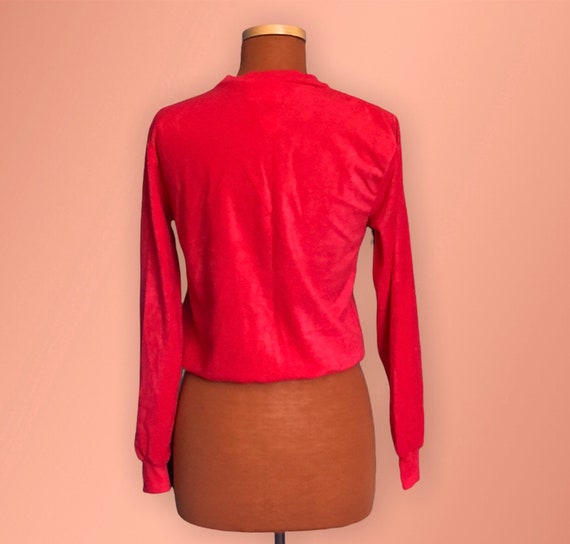 Vintage 1970s Bright Red Velvety V-Neck Pullover … - image 3