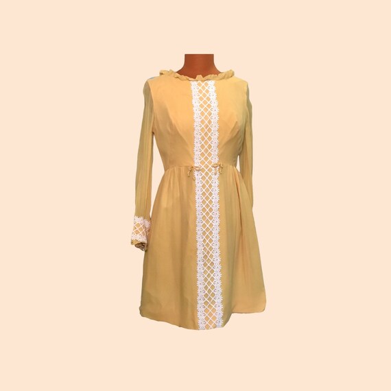 Vintage 1970s Misses Dress, Mustard Yellow with W… - image 1