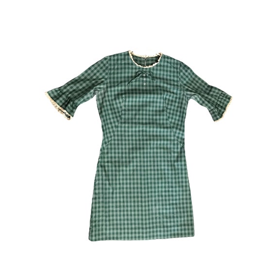 Adorable Green Check Vintage Dress with Ruffle Cu… - image 3