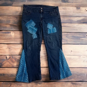Blue Patched Upcycled Bellbottom Jeans with Vintage Fabric, Waist Size 40 Inches Bell Bottom Pants