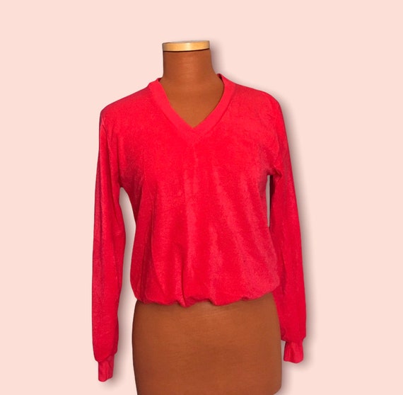 Vintage 1970s Bright Red Velvety V-Neck Pullover … - image 7