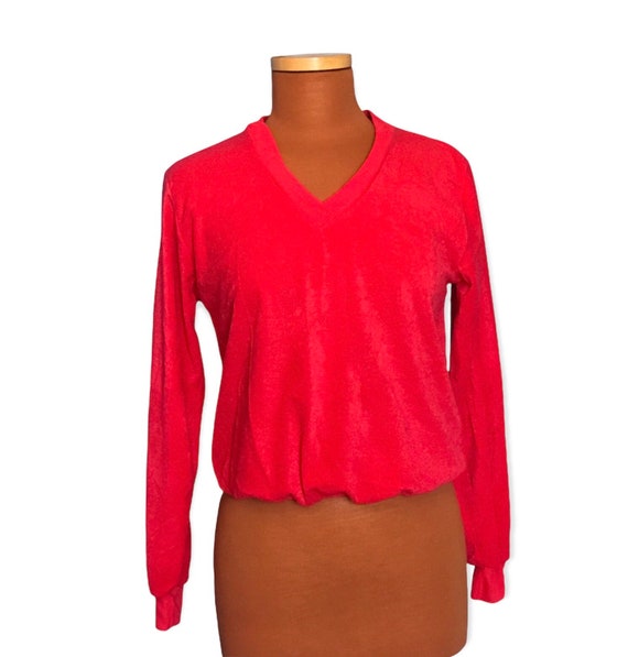 Vintage 1970s Bright Red Velvety V-Neck Pullover … - image 1