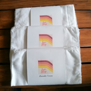 May include: Three white reusable tissues with a rainbow design and the text "Ever Clay" on each. The tissues are stacked on top of each other and are sitting on a wooden surface.