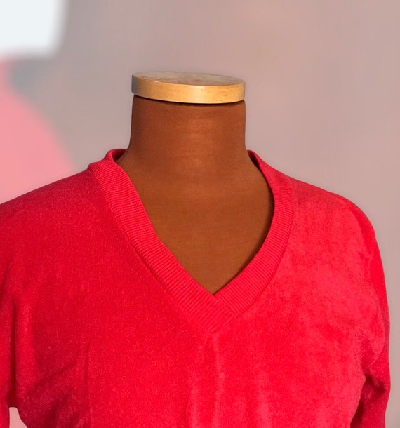 Vintage 1970s Bright Red Velvety V-Neck Pullover … - image 6