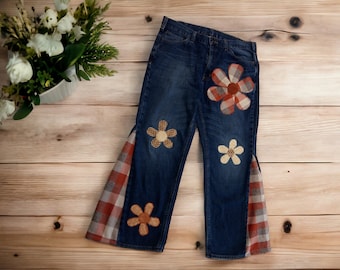 36" Waist Rust Brown Flower Patches Retro Upcycled Bellbottom Jeans with Vintage Fabric Bell Bottoms Pants