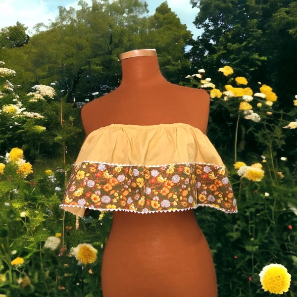 Vintage 1970s Apron Crop Top, Upcycled Vintage Style, Vintage Fashion, Misses Crop Top, Juniors Crop Top