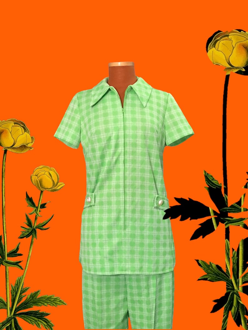 Misses Lime Green Plaid Pant Suit Vintage 1970s Etsy