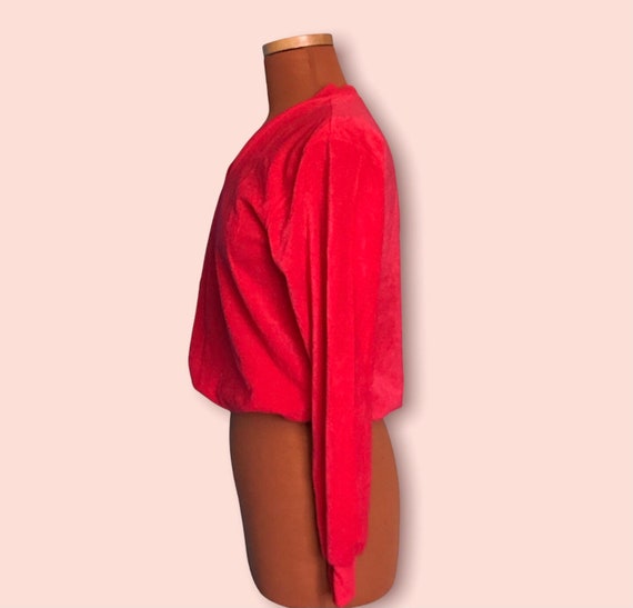 Vintage 1970s Bright Red Velvety V-Neck Pullover … - image 4