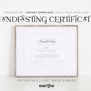 Printable Handfasting Certificate | Option 2: LGBT Bride & Bride | PDF 8.5x11 | Pagan Wedding Certificate | Wiccan Marriage Celebration
