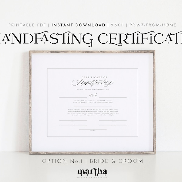 Certificat de mariage imprimable | Option 1 : Mariée et marié | PDF 8.5x11 | Certificat de mariage païen | Célébration du mariage wiccan