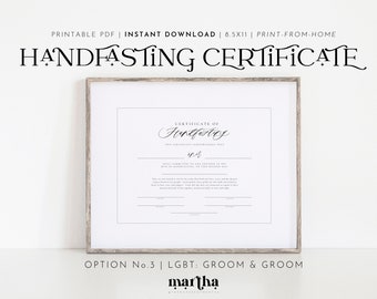 Printable Handfasting Certificate | Option 3: LGBT Groom & Groom | PDF 8.5x11 | Pagan Wedding Certificate | Wiccan Marriage Celebration