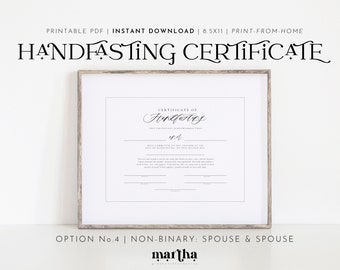 Printable Handfasting Certificate | Option 4: NON-BINARY Spouse & Spouse | PDF 8.5x11 | Pagan Wedding | Wiccan Marriage Celebration