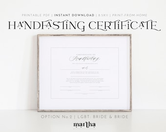 Printable Handfasting Certificate | Option 2: LGBT Bride & Bride | PDF 8.5x11 | Pagan Wedding Certificate | Wiccan Marriage Celebration