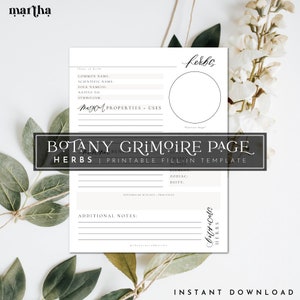 Botany Grimoire Page (Herbs) | Printable PDF Fill-In Template | Green Witch | Herbalism | Book of Shadows | Witchcraft | Instant Download