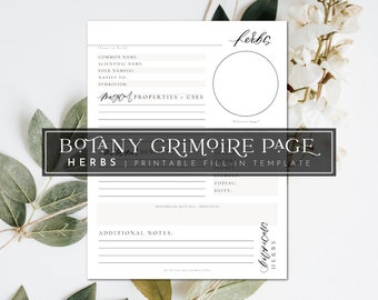 Botany Grimoire Page (Herbs) | Printable PDF Fill-In Template | Green Witch | Herbalism | Book of Shadows | Witchcraft | Instant Download