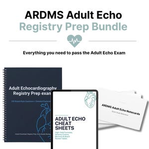 Peut inclure: Un ensemble de préparation au registre ARDMS Adult Echo comprenant un livre à reliure spirale bleu foncé, une tablette affichant des fiches de triche Adult Echo et une pile de fiches blanches. Le graphique inclut des icônes pour 200 questions, explications, fiches, cartes mémoire et téléchargement instantané.