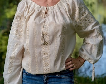 Shirt made of fine natural cotton fabric. Shirt embroidered with silk. Summer blouse. Casual blouse.