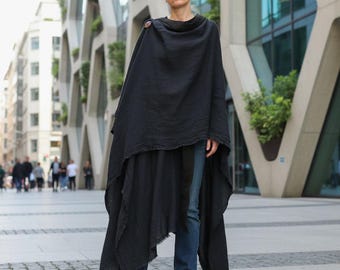 Hemp Hooded Cape: Medieval Black Poncho Cloak