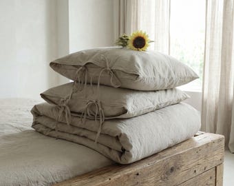 Personalized Stonewashed Cotton Bedding Set – Natural Cream-White, Fabric Tie Closures