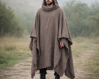 Linen Hooded Poncho, Medieval Fantasy Cloak, Boho Festival Cape, Earthy Cottagecore Clothing