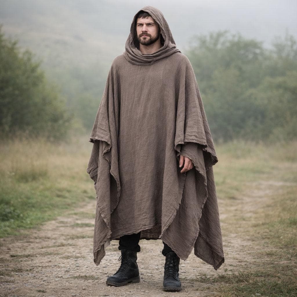 Linen Hooded Poncho, Medieval Fantasy Cloak, Boho Festival Cape