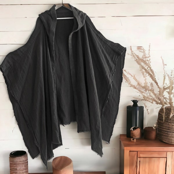 Mittelalterliches Cape/Schwarzer Kapuzen Poncho/Kapuzen Cape/Hanf Cape/Hanfjacke/Lange Poncho/Hippie Poncho/Geschenk für Sie/Ihr Freund/Ihre Freundin