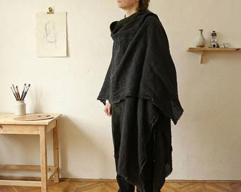 Hemp Hooded Cape: Medieval Black Poncho, Cosplay Mantle (150cm)
