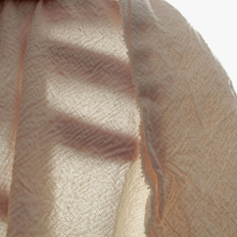May include: Close-up of a pale pink fabric with a woven texture. The fabric is folded over itself, creating a layered effect.
