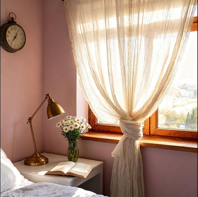 Pure Cotton Gauze Curtains – Airy Ivory Drapes, Rustic Bohemian Decor 59"x108"(150x274cm)