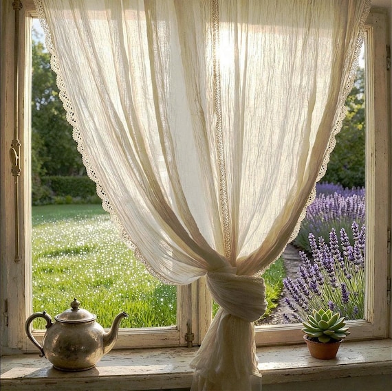 Pure Cotton Gauze Curtains – Airy Ivory Drapes, Rustic Bohemian Decor