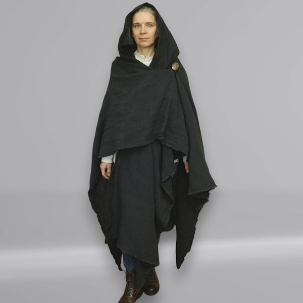Cape médiévale/poncho à capuche/cape à capuche/cape de chanvre/manteau noir de 150 cm de long en chanvre