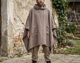 Poncho unisex con capucha, mezcla de lino y algodón, estilo medieval/boho, personalizable con bolsillos, talla única.