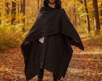 Hemp Hooded Poncho, Medieval Cape, Boho Style