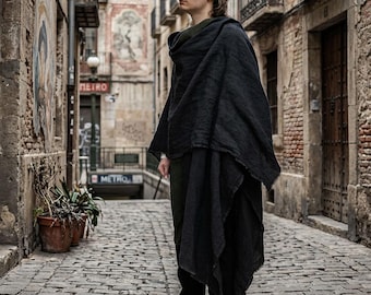 Black Hemp Hooded Poncho Cape - Medieval Style
