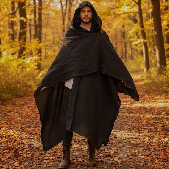 Cape Médiévale Homme – Style Gothique Et Techwear – Sweat à Capuche Long Noir – Matériau Léger Et Extensible