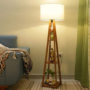 Beige Wooden Floor Lamp with Shelf Natural Jute Shade