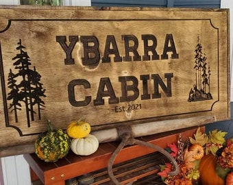 Outdoor Signs, Wooden Carved Cabin Sign, Pine Trees, Custom Wood Sign, Custom Camp Sign, Mountain Home, Personalized Rustic Home Sign