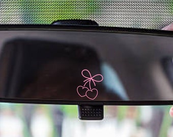 Coquette Cherry Vinyl Decal, Cute Bow and Cherries Rearview Mirror Sticker, Pretty Aesthetic Car Interior Decor for Rear View Mirror Women