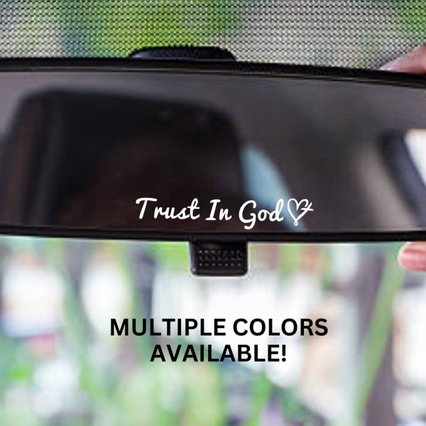 Trust in God Decal, Rear View Mirror Sticker, Christian Car Decor Mirror Sticker, Religious Car Accessory for Women Heart Cross Design Girly