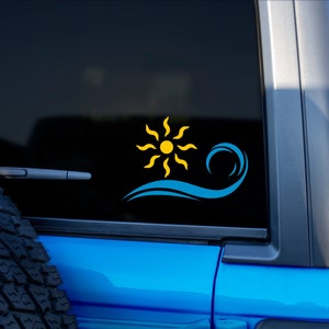 Ocean Wave and Sun Decal for Car Window, Car Accessories, Beach Decal, Cute Ocean Wave Sticker, Beach Vibes Car Decal, Surfer Bumper Decal