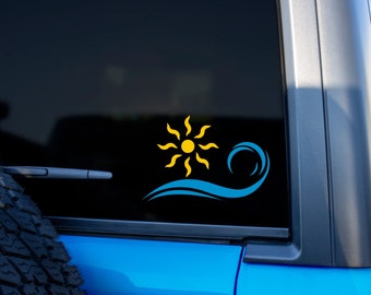 Ocean Wave and Sun Decal for Car Window, Car Accessories, Beach Decal, Cute Ocean Wave Sticker, Beach Vibes Car Decal, Surfer Bumper Decal