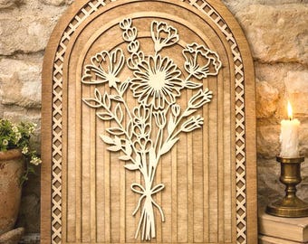 Layered Botanical Arch Wall Decor, Floral Wood Farmhouse Boho Sign