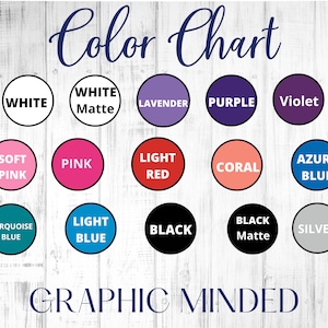 Op de afbeelding: Kleurenkaart met 15 kleurstalen, waaronder wit, lavendel, paars, violet, zacht roze, roze, lichtrood, koraal, azuurblauw, turquoiseblauw, lichtblauw, zwart, zwart mat en zilver. De tekst "GRAPHIC MINDED" staat onderaan de kaart.