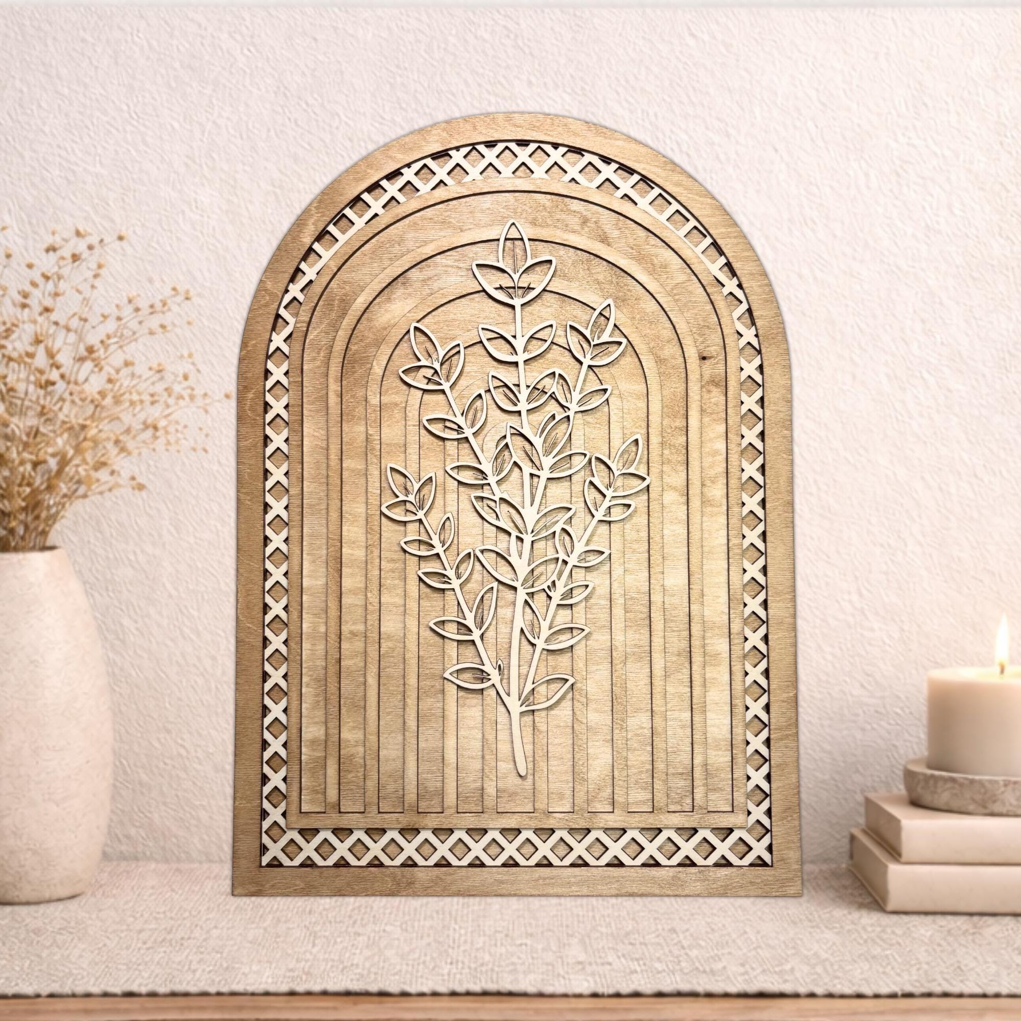Layered Wooden Arch Wall Decor, Botanical Farmhouse Sign, Rustic