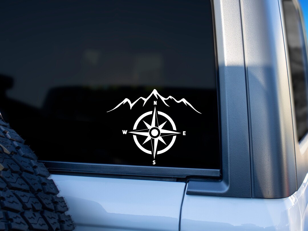 Mountain Range Compass Decal, Mountain Climbing Vinyl Decal, Hiking