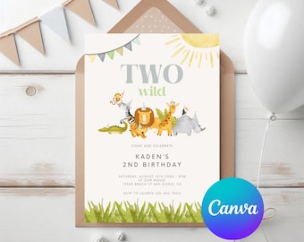 Two Wild Birthday Invitation: Safari Jungle Theme (Editable Canva Template, Digital Download